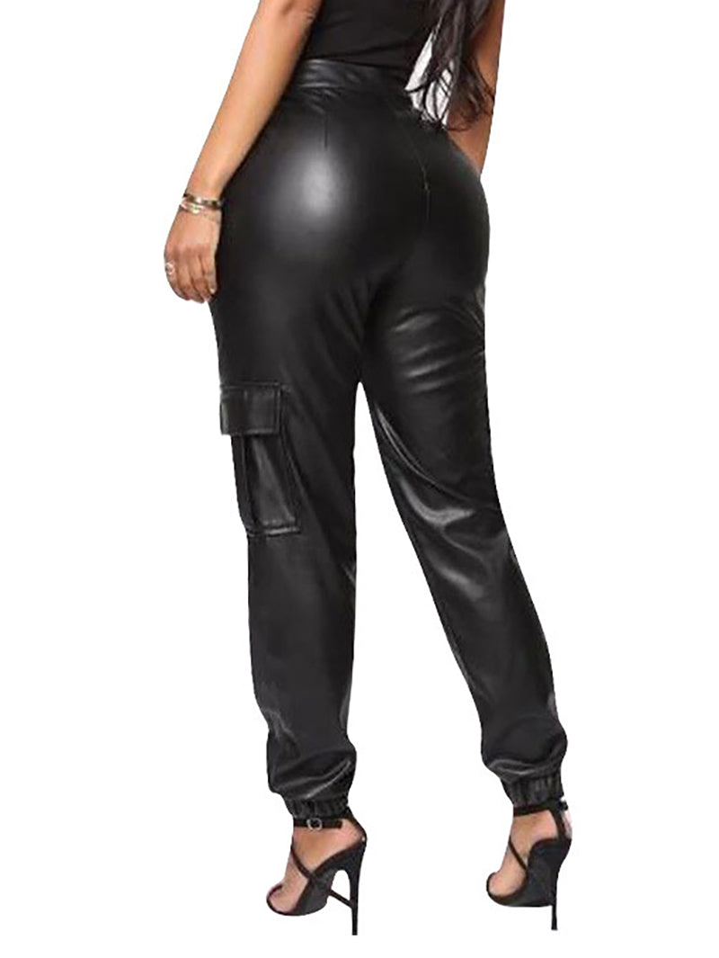 High Waist Flap Pocket Pu Joggers Pant