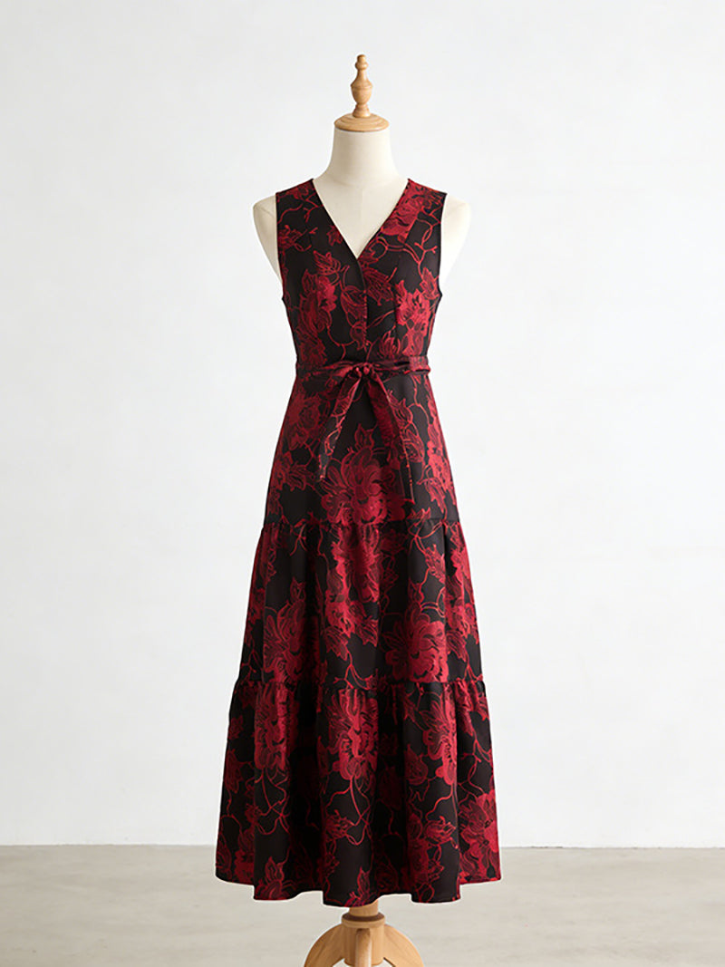 Vintage Print V Neck Sleeveless Belted Maxi Dress