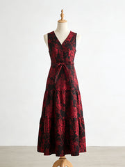Vintage Print V Neck Sleeveless Belted Maxi Dress