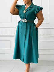 Elegant Ruffle Sleeve Double-breasted Slim Dress