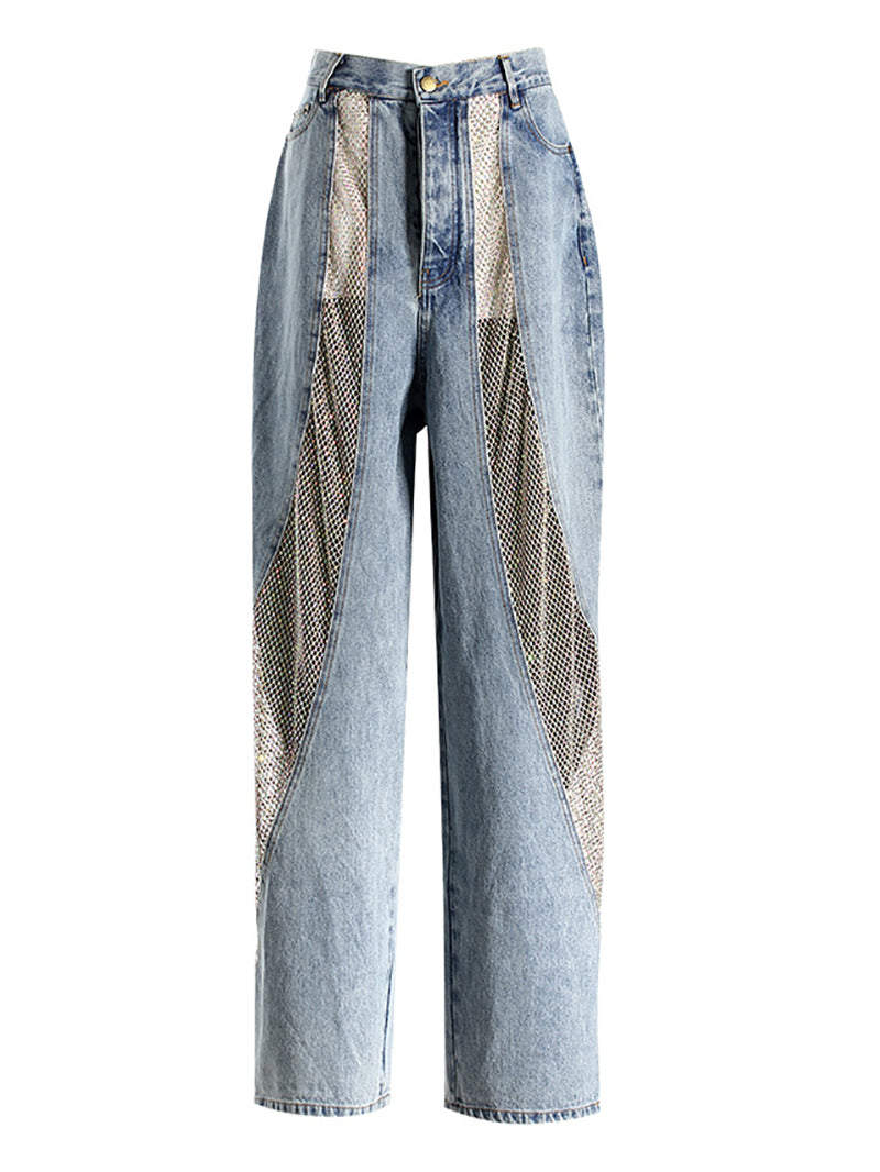 Hollow Out See through Mesh Laser Rhinestone Jeans