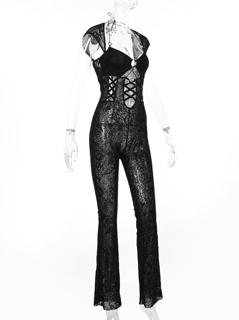 Sexy Flocking Hollow out Bandage Jumpsuit