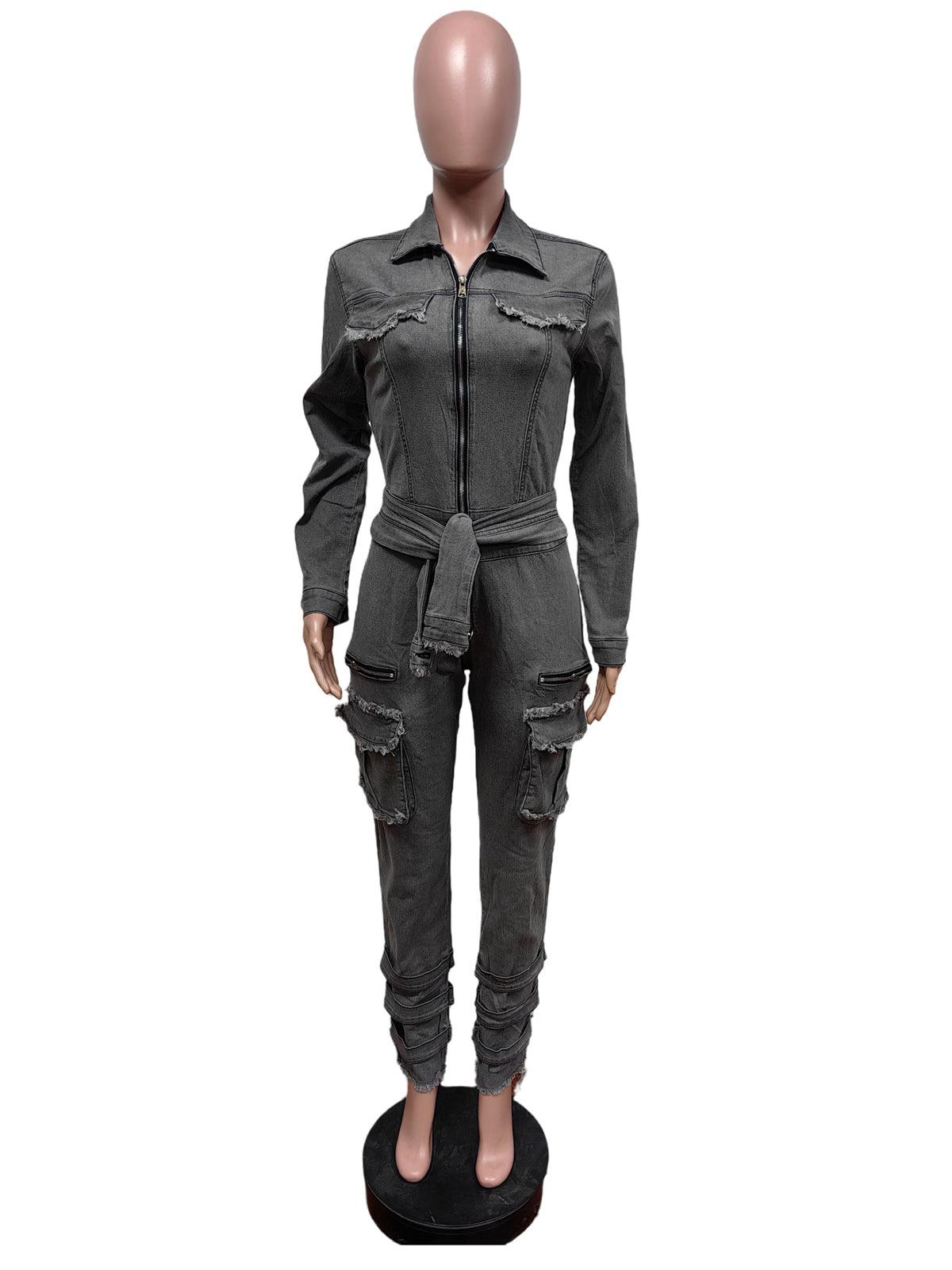 Casual Zip-Front Bandage Denim Cargo Jumpsuit