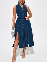 Fashion Single breasted Sleeveless Denim Dress