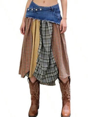 Plaid Panel Denim Midi Skirt