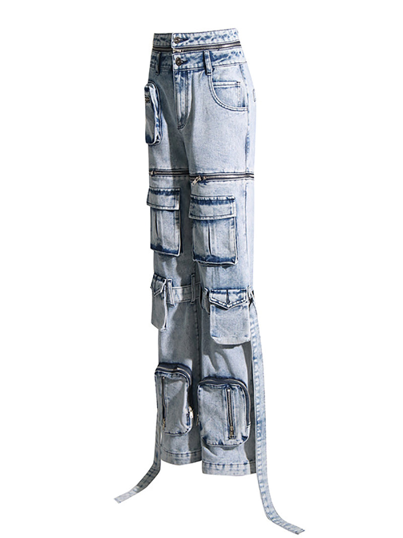 High Waist Patchwork Pockets Detachable Vintage Jeans