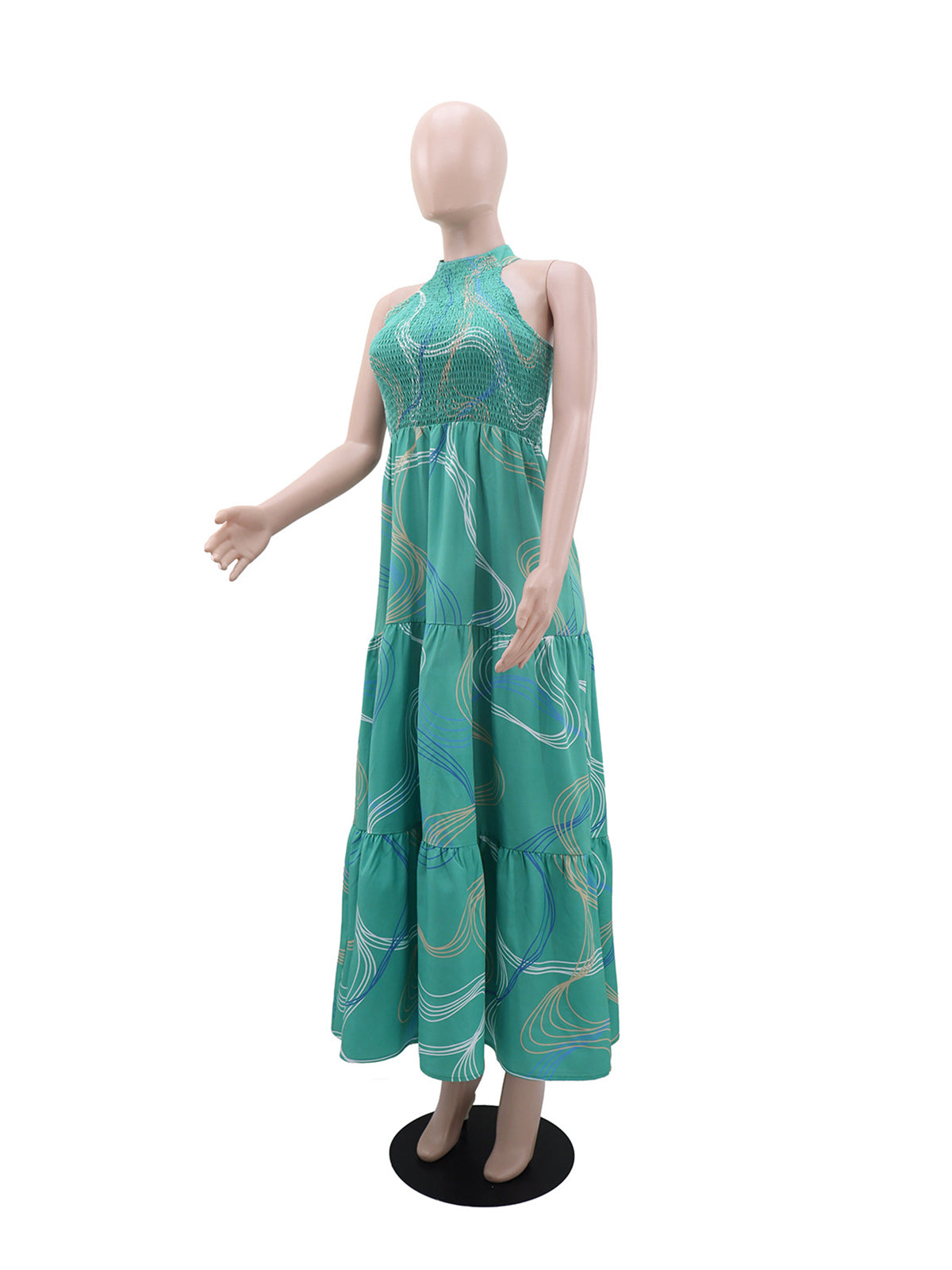 Elegant Print Halter Sleeveless Ruffle Hem Maxi Dress