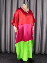 Fashion V Neck Bat Sleeve Contrast Color Satin Maxi Dress