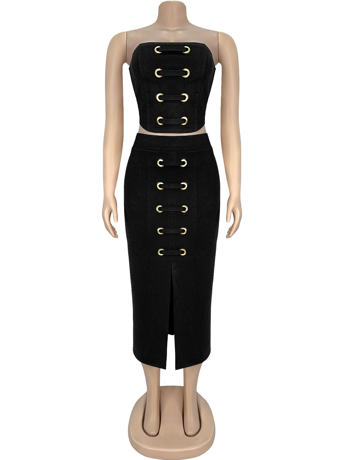 Sexy Lace-Up Tube Fitted Split Hem Skirt Sets