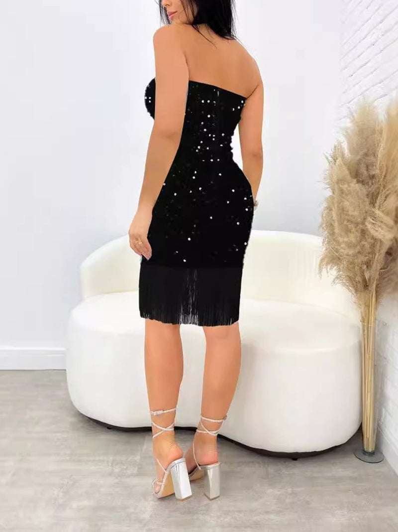 Sexy V-neck Strapless Fringe Sequin Dress