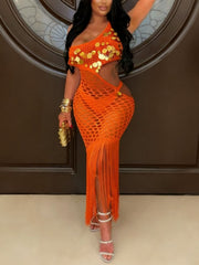 Sexy Sequin Knitted Tassels Club Maxi Dress