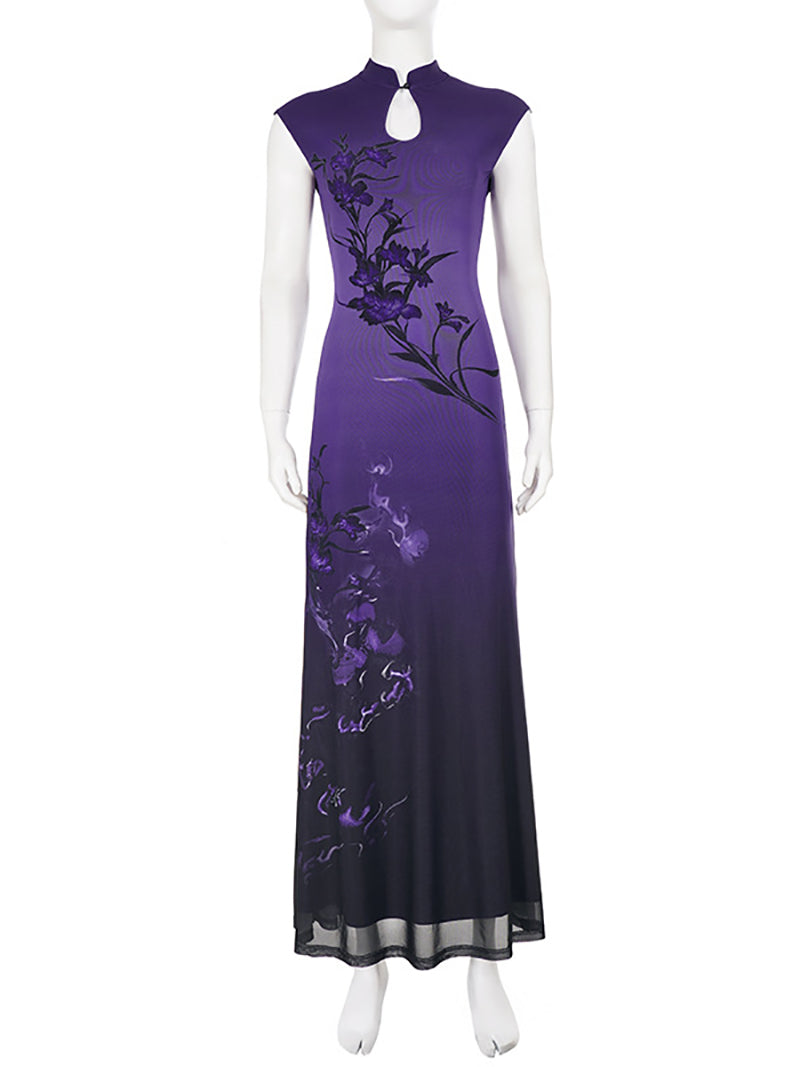Elegant Cheongsam Style Floral Print Slim Maxi Dress