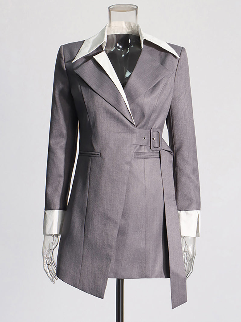 Fashion Colorblock Patchwork Belt Slim Blazer