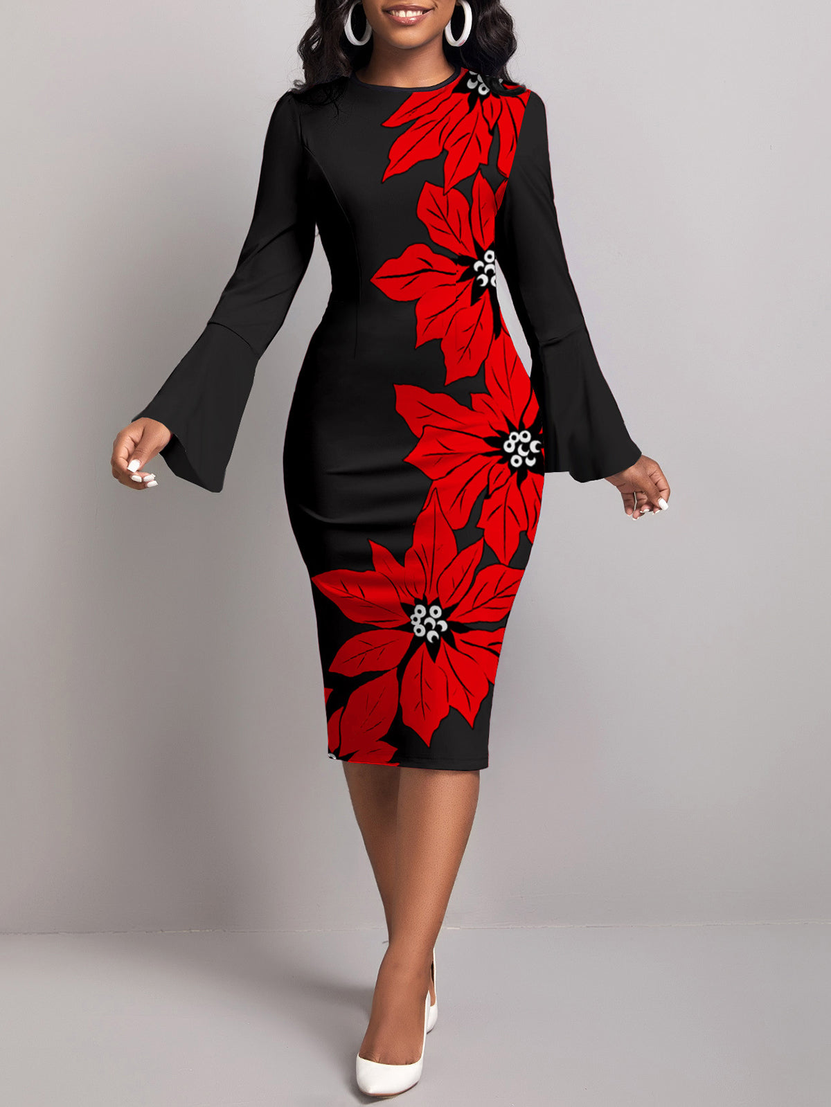 Elegant Crew Neck Floral Print Flare Sleeve Midi Dress