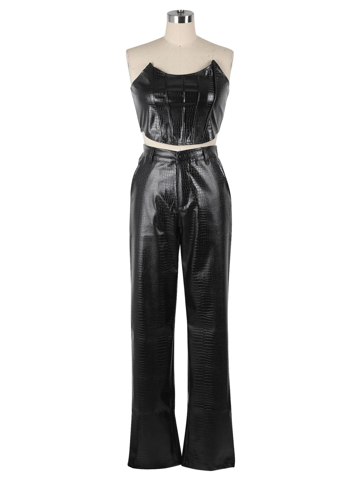 Sexy PU Leather Tube Top And Pants Two Piece Set