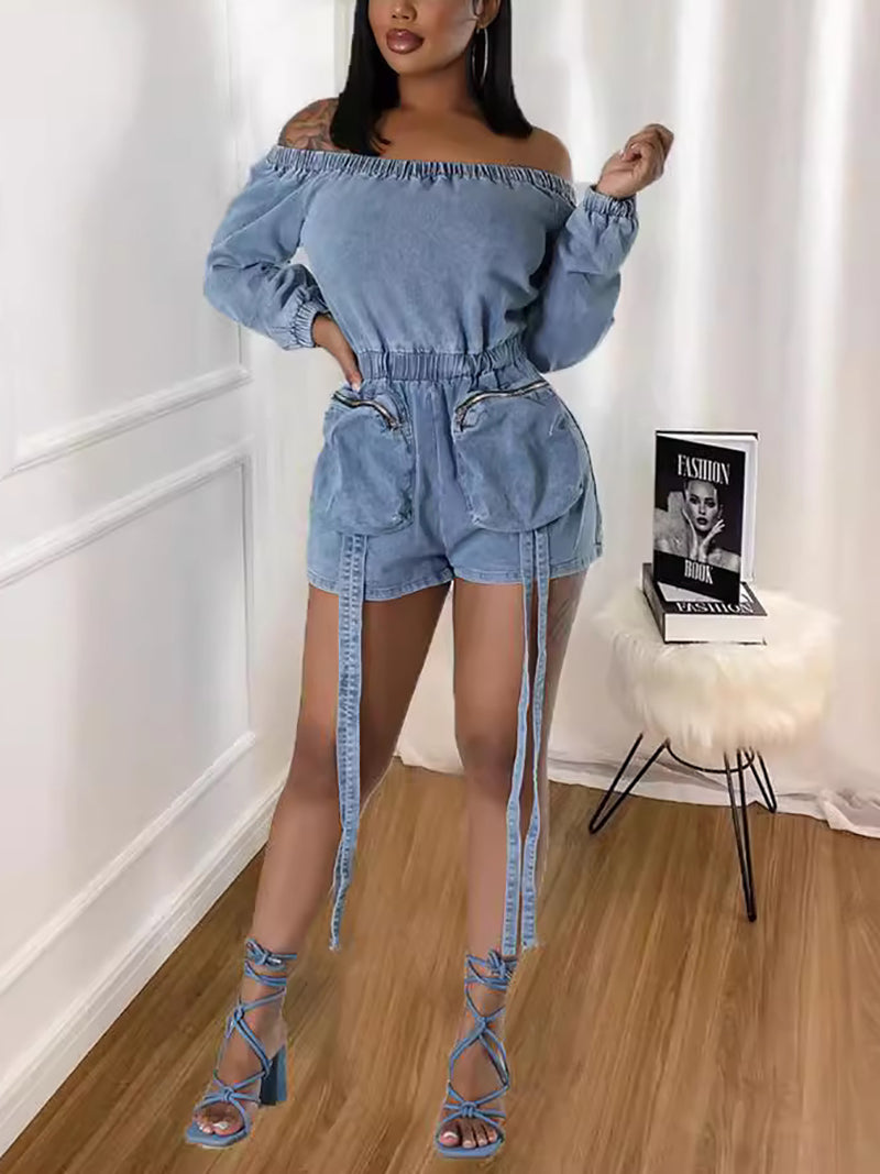 Fashion Off Shoulder Elastic Waist Denim Romper