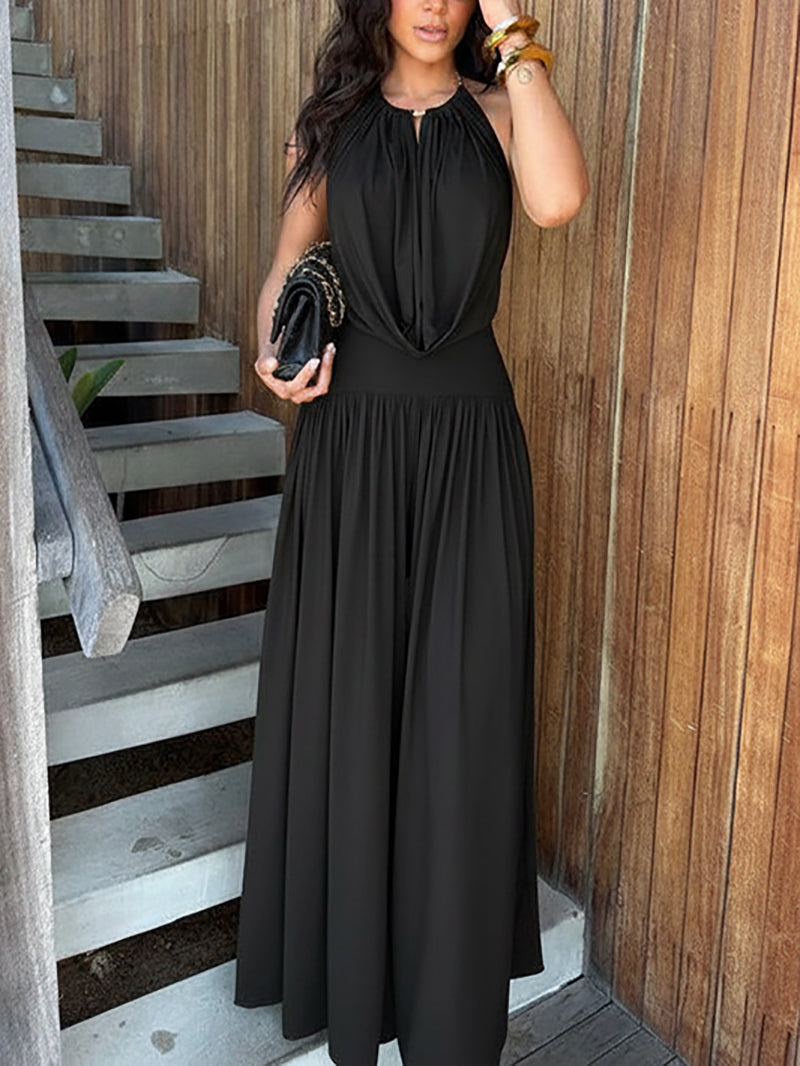Chic Halter Neck Backless Top Ruched Wide-leg Pants Set