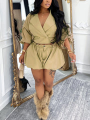 Fashion Turndown Collar Crop Top And Shorts Set