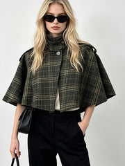 Plaid Stand Collar Cropped Cape Jacket-boutique