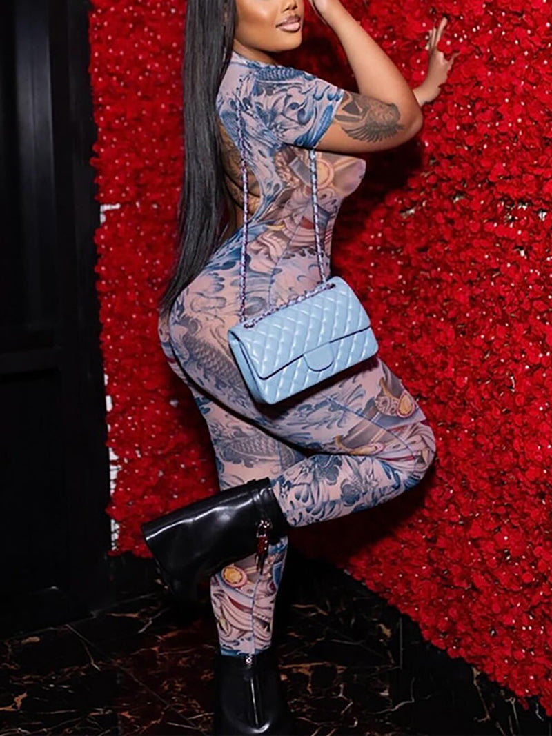Sexy Print See Through Mesh Bodycon Jumpsuit