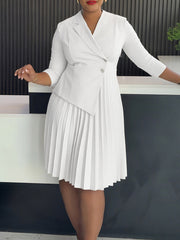 Elegant Turndown Collar Shirt Pleated Midi Dress