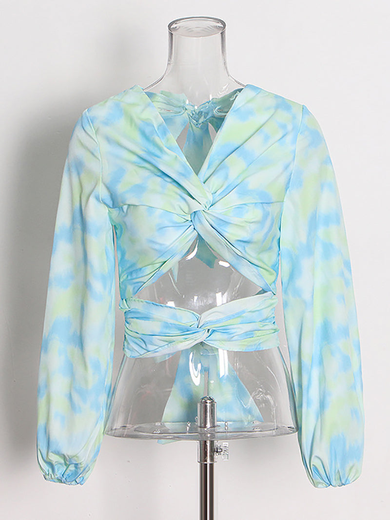 Casual Print Slim Hollow Out Backless Cropped Shirt