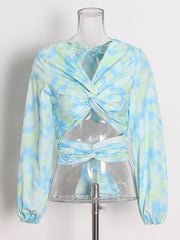 Casual Print Slim Hollow Out Backless Cropped Shirt