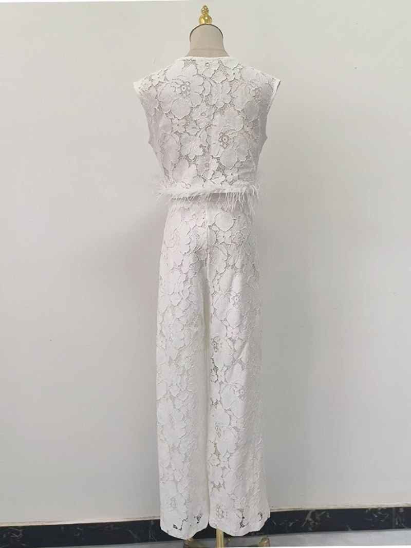 Fashion Embroidered Feather Crop Top Wide Leg Pants Set
