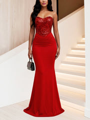 Strapless Sequin Ruched Mermaid Maxi Dress