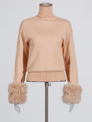 Fashion Turtlenecks Fur Cuffs Knit Sweater