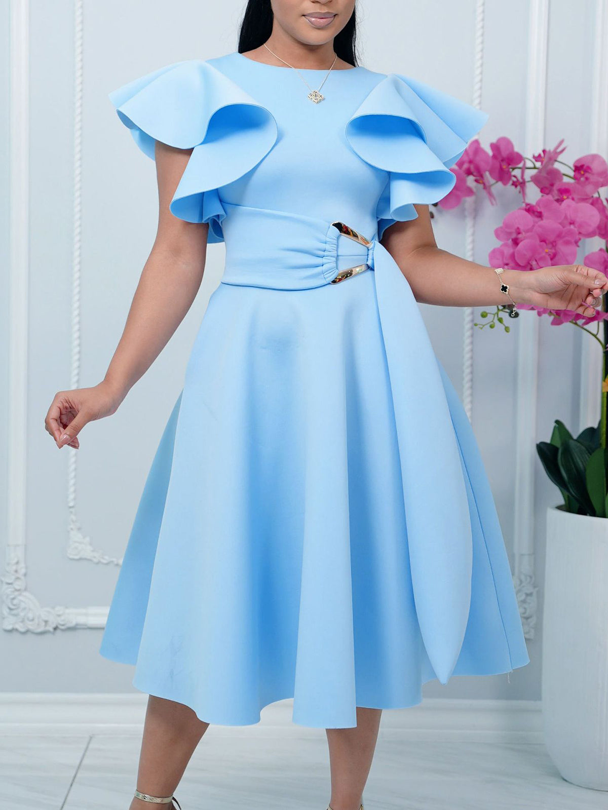 Elegant Ruffle Sleeve Cinched Waist Party Dress