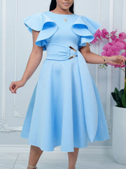 Elegant Ruffle Sleeve Cinched Waist Party Dress