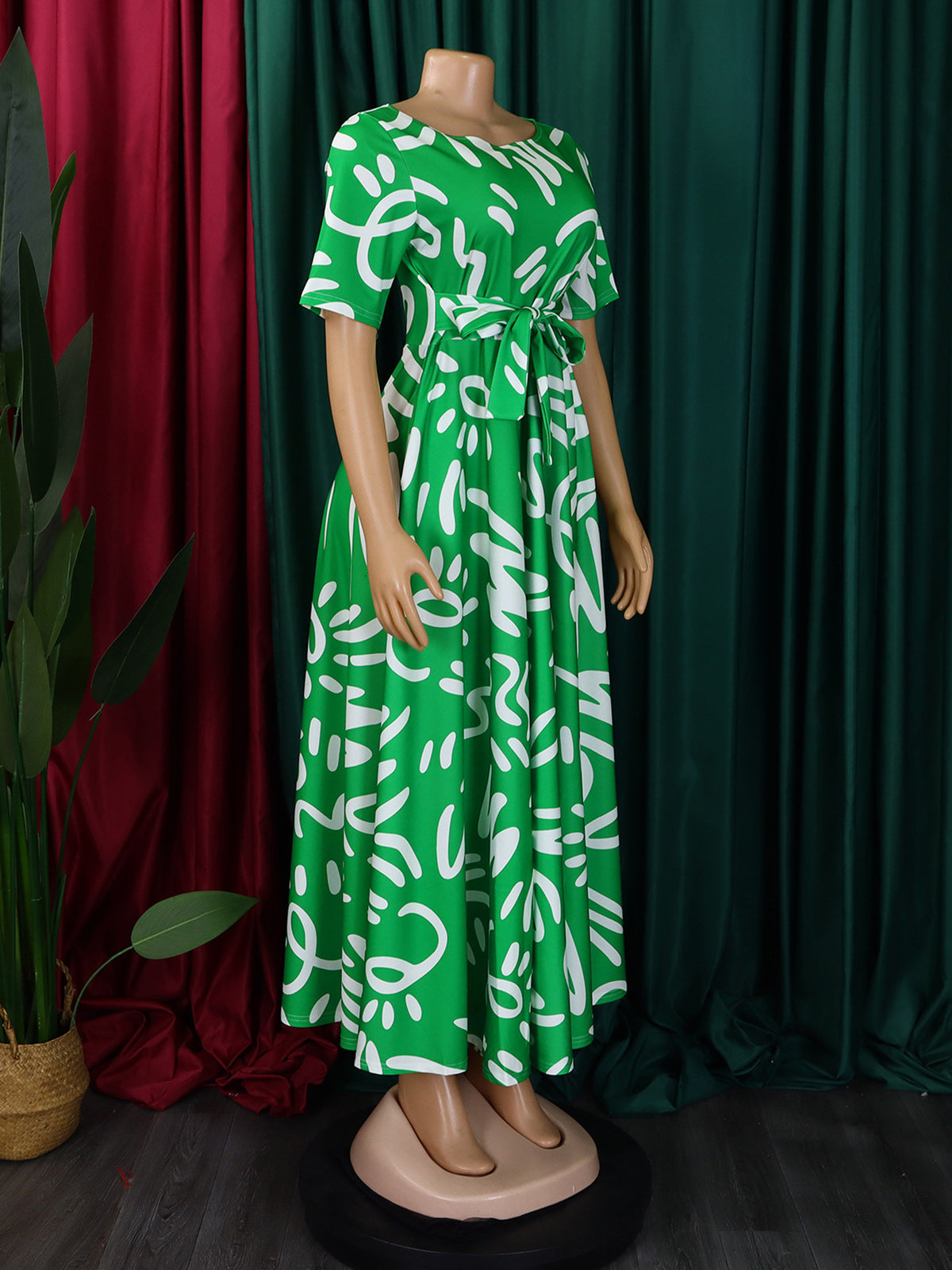 Elegant Lace-up Short Sleeve Print Dress