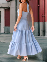 Sexy Halter Lace-up Slim Tiered Maxi Dress