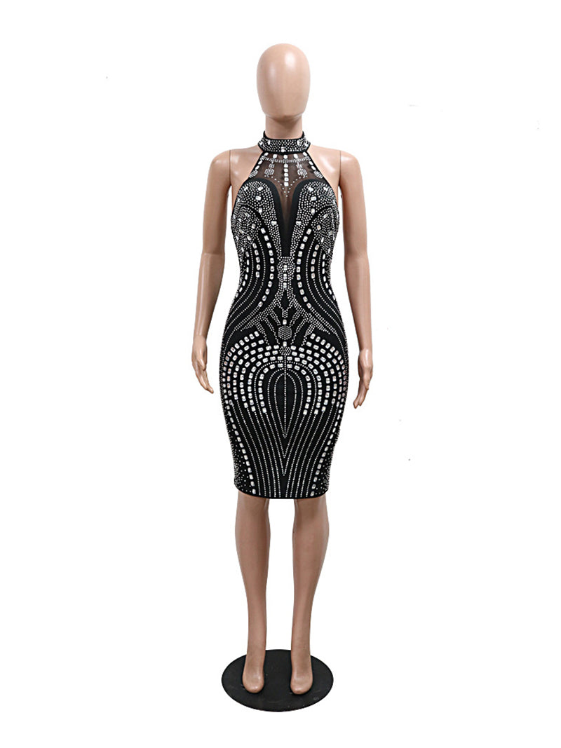 Rhinestones Backless Sheer Club Midi Dress