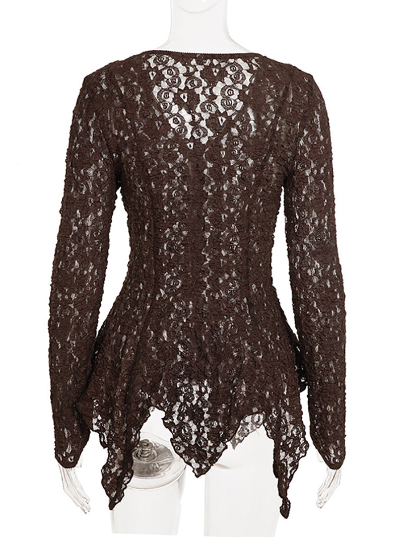 Elegant Lace V Neck Button Up Ruffles Slim Blouse
