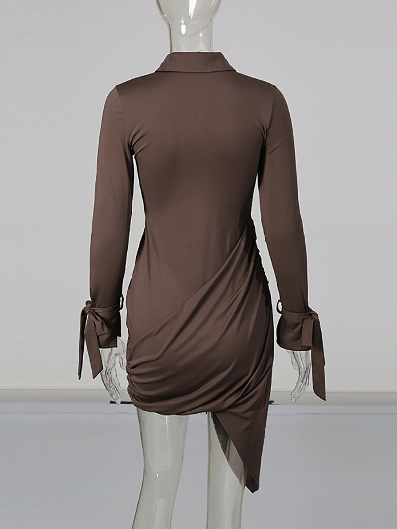 Turn-down Collar Draped Asymmetric Mini Dress
