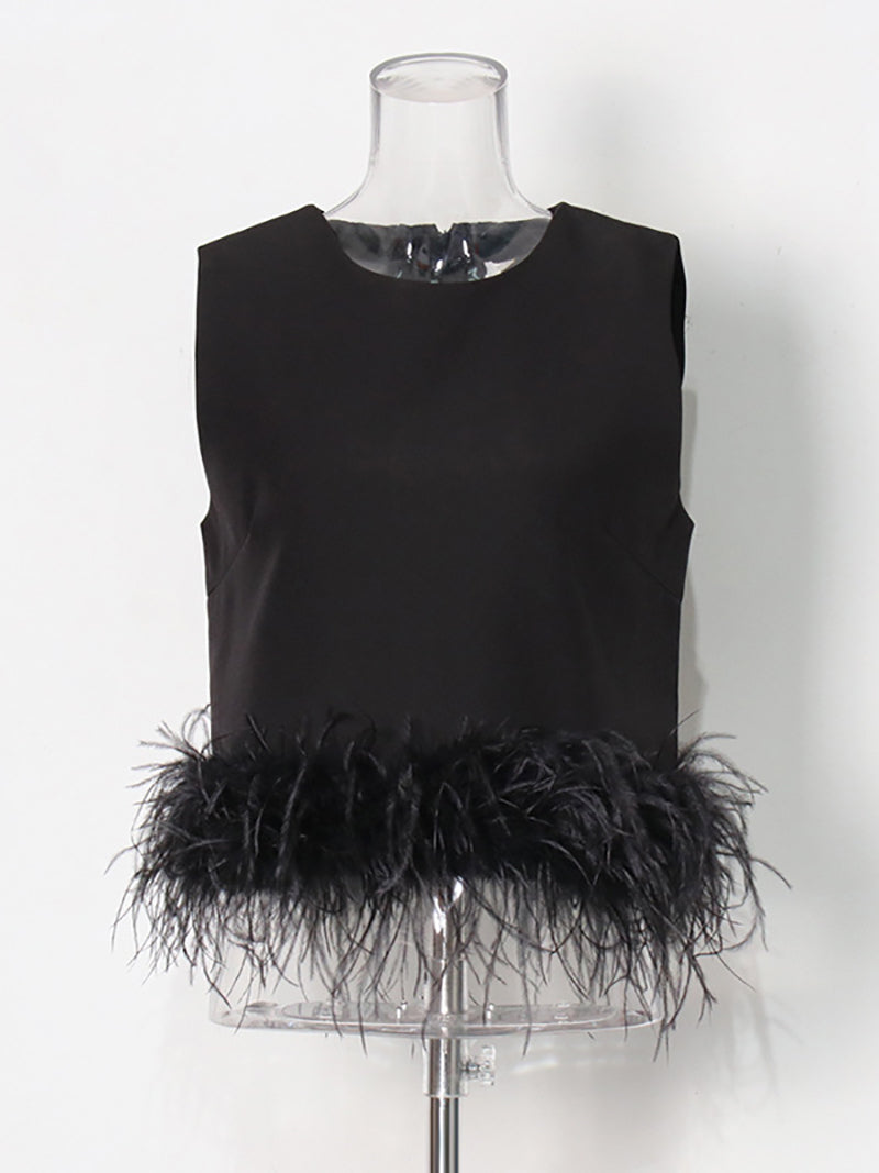 Fashion Round Collar Feather Cropped Vest Top