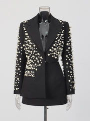Fashion Pearl Embellished Blazer And Skirt Set