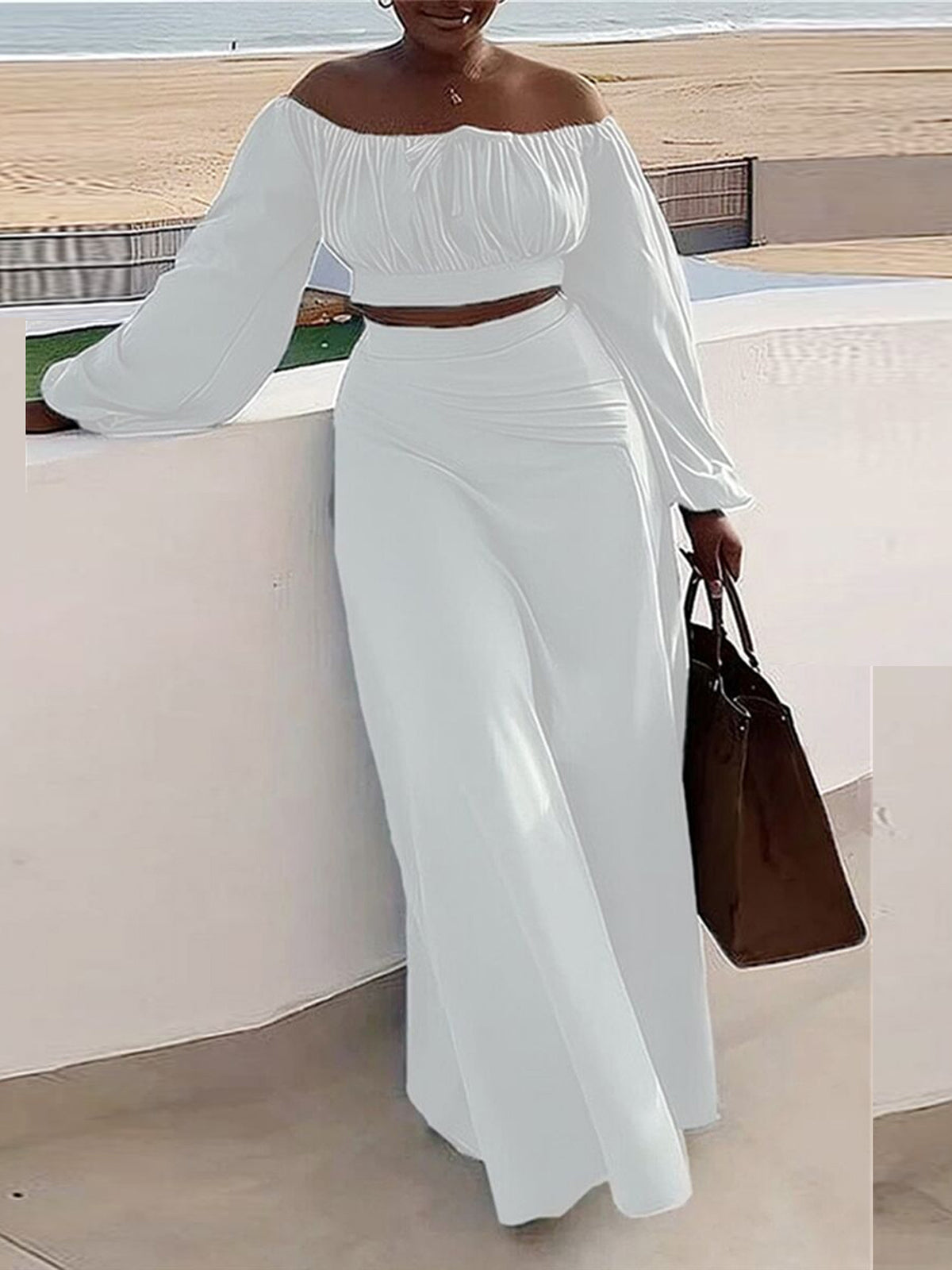 Sexy Off Shoulder Top Slit Skirt Casual Set