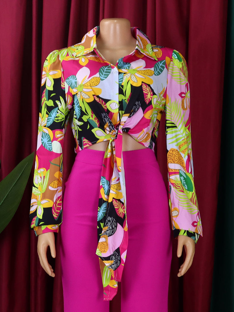 Casual Print Turn-down Collar Bandage Shirt