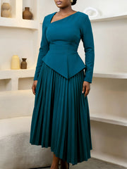Elegant Slant Collar Asymmetrical Pleated Midi Dress