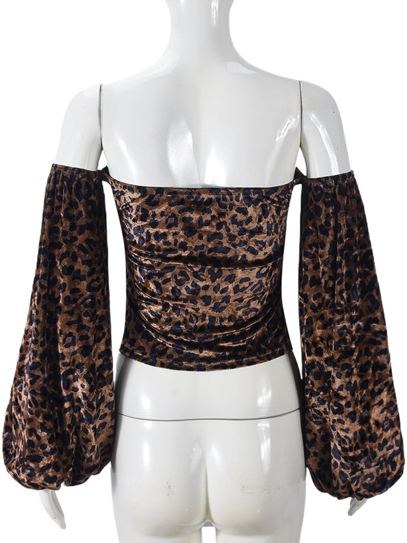 Leopard Print Lantern Sleeve Strapless Crop Top