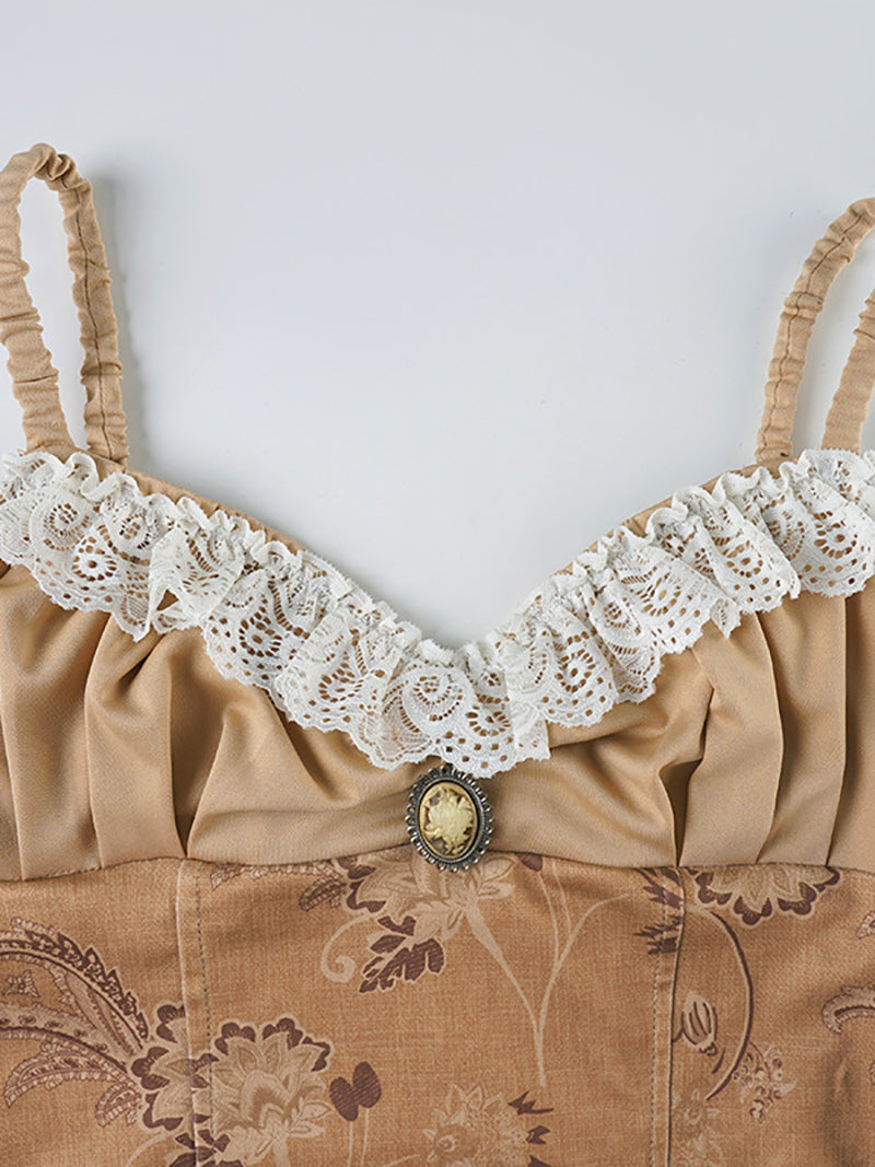 Vintage Print Lace Patchwork Tube Top Knit Skirt Sets