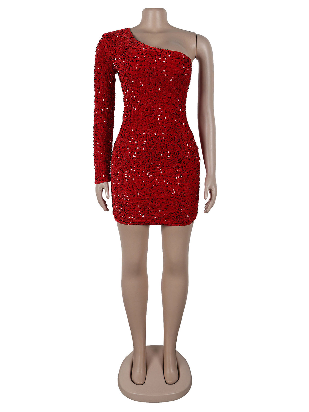 One Shoulder Long Sleeve Sequins Bodycon Dress