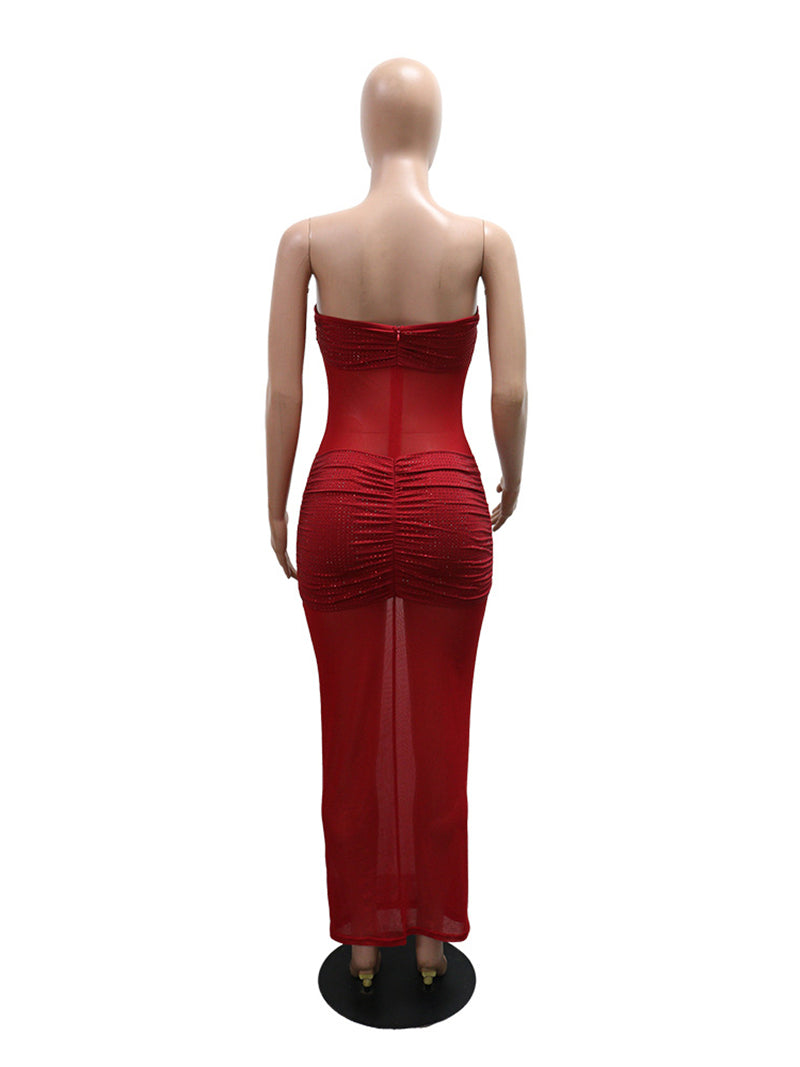 Sexy Embellished Mesh Sheer Ruched Maxi Dress