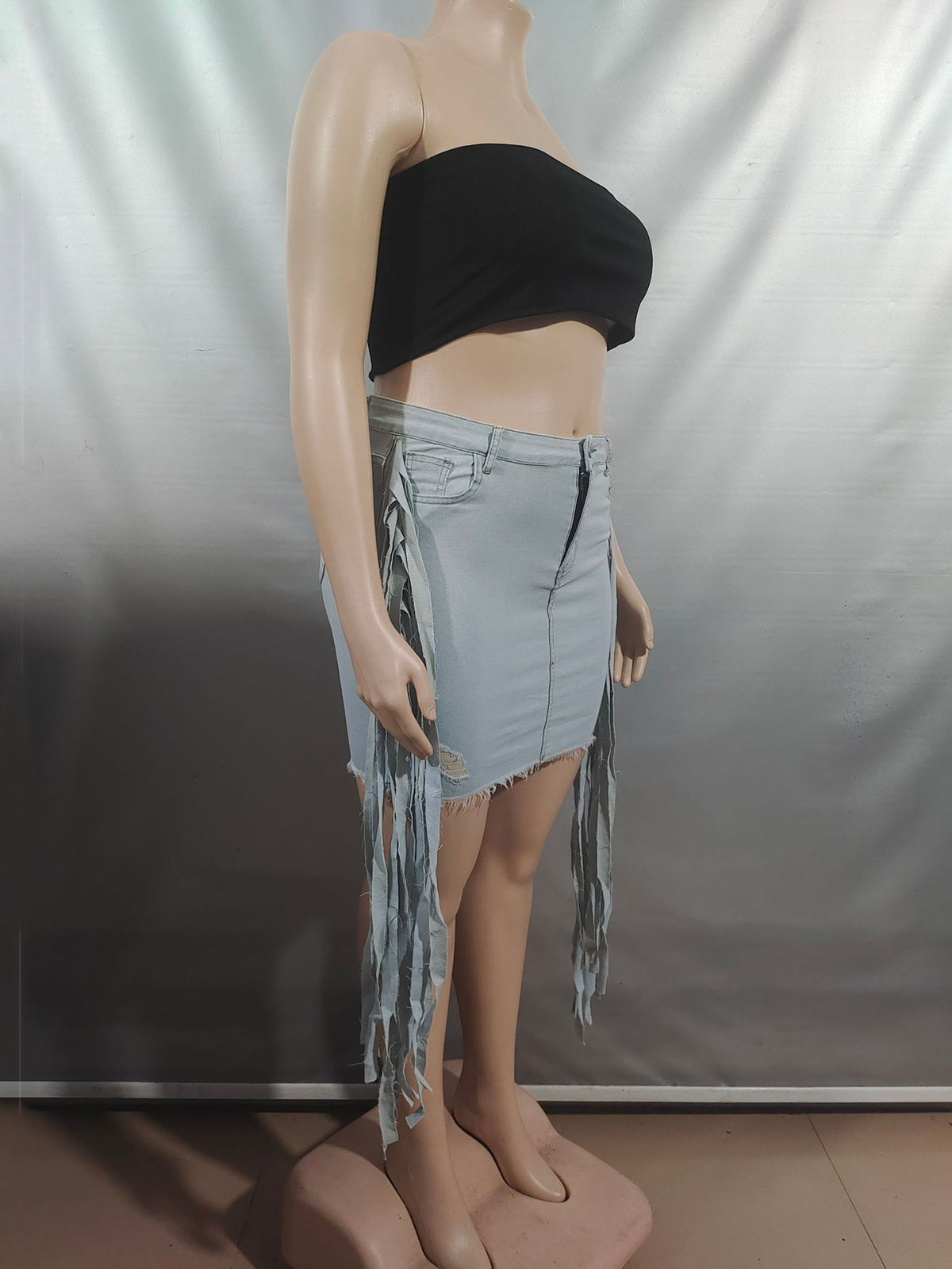 Sexy Denim Washed Ripped Tassel Skirt