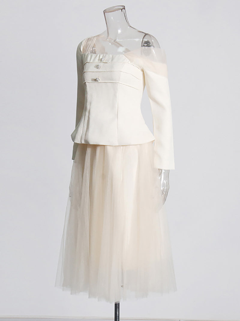 Elegant Sloping Shoulder Tops Tulle Skirt Sets