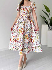 Fashion Square Collar Floral Print Holiday Casual Dress