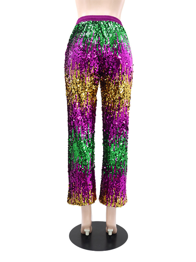 Casual Glitter Bling Sequins Drawstring Waist Pants